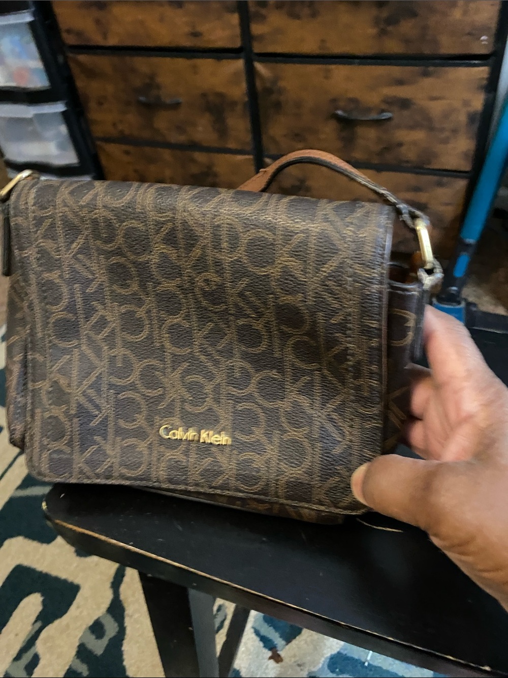 Calvin Klein Brown Monogram Messenger Bag with Gold Logo